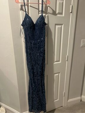Wave of Life Navy Blue Sequin Embellished Evening Gown